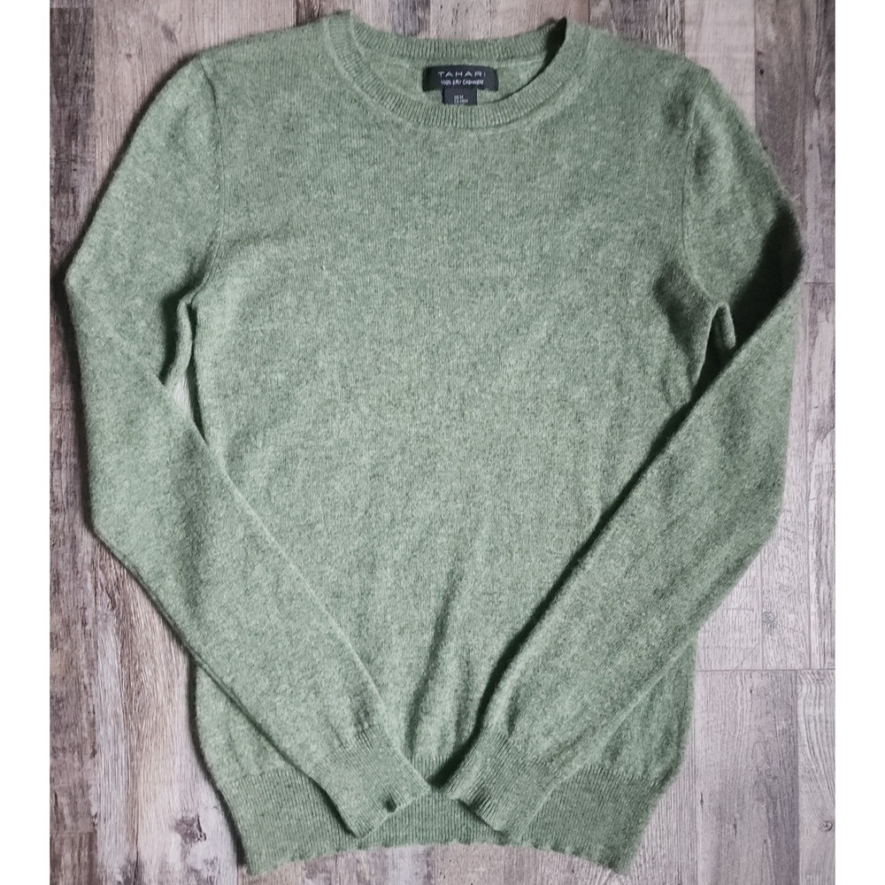 Tahari Sweater Womens M Green 100% 2-Ply Cashmere Crew Neck Long Sleeve Knit